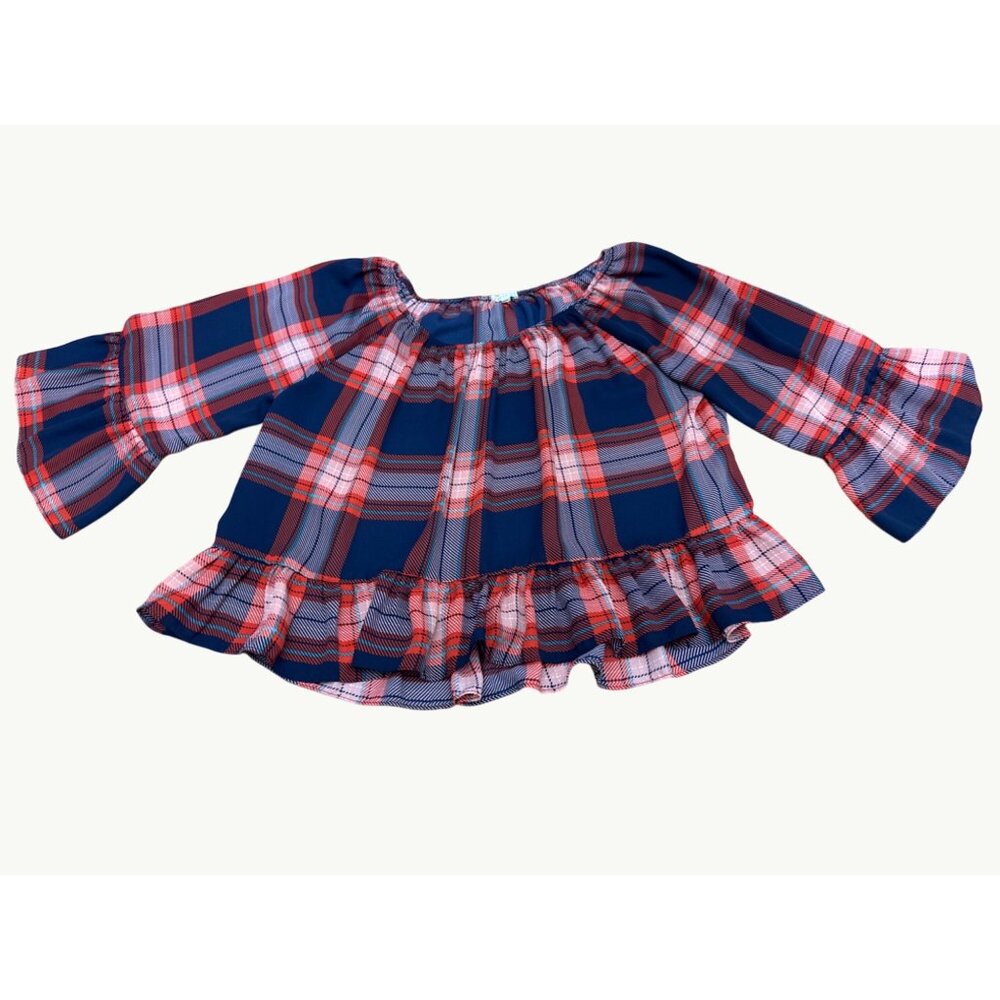 Copper Key Juniors XS Bell Sleeve Plaid Off Shoulder Ruffle Boho Blouse - Picture 9 of 10